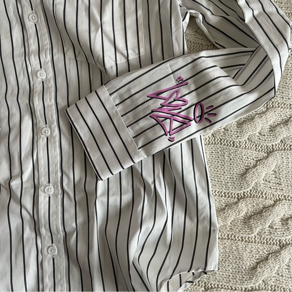 Zadig & Voltaire White Taskiz Pop Raye Strass Striped Shirt Sz M - Picture 10 of 16